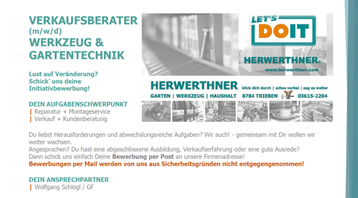 Lust auf Veränderung-VERKAUFSBERATER gesucht-schreib uns deine Initiativbewerbung an © HERWERTHNER GmbH. LET'S DOIT Fachgeschäft in Trieben